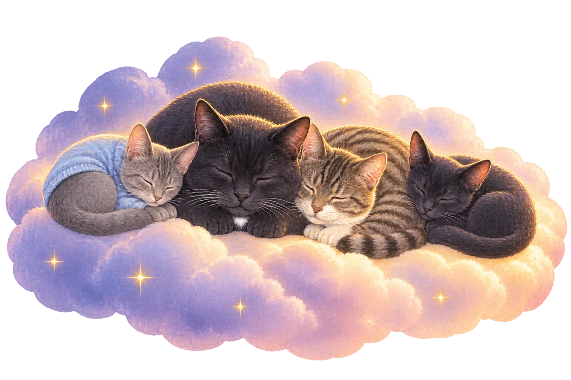 Four little cats curled up asleep together on a soft cloud at dawn