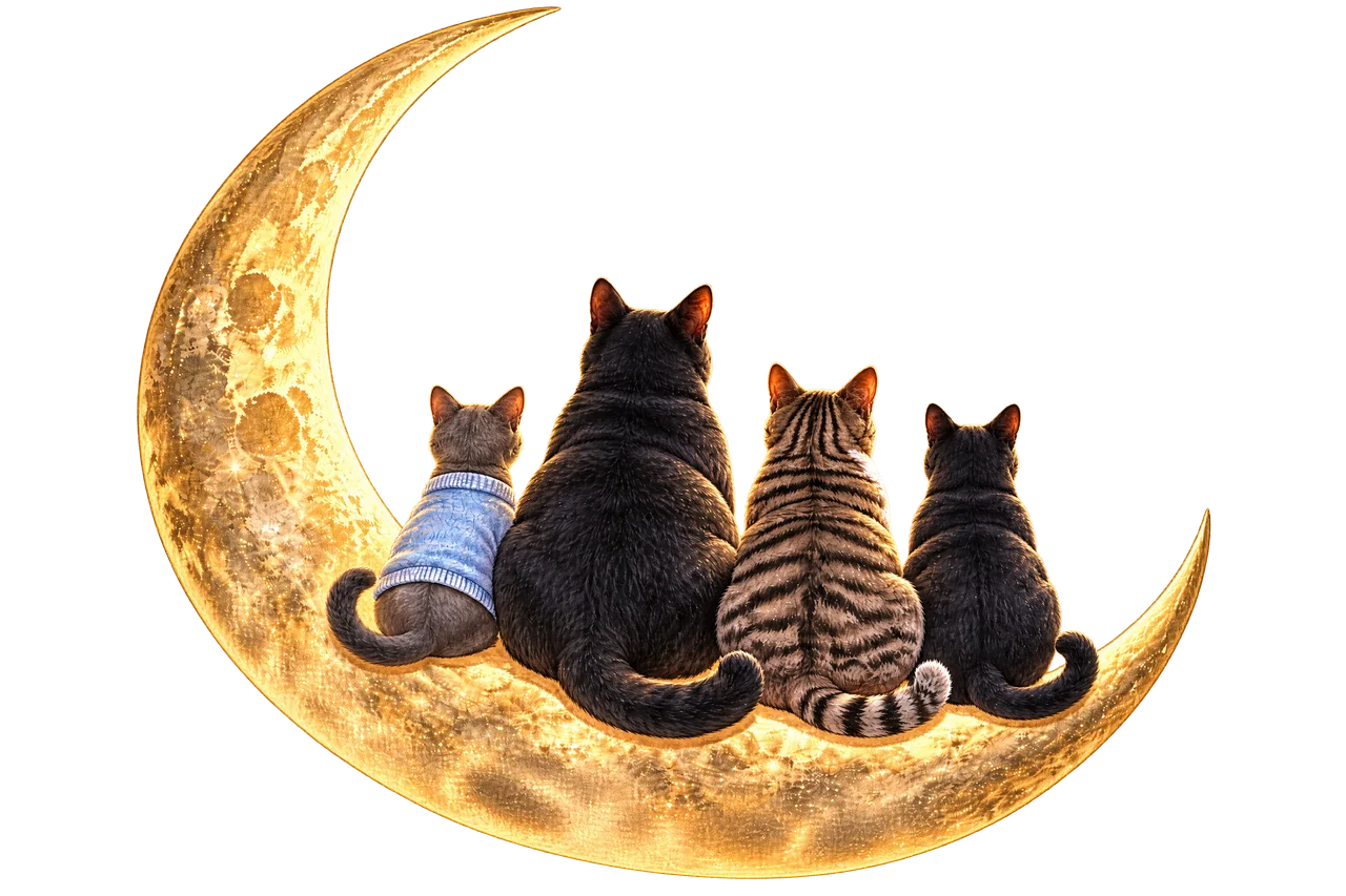 A crescent moon with four cats sitting on it, seen from behind, gazing up at the stars