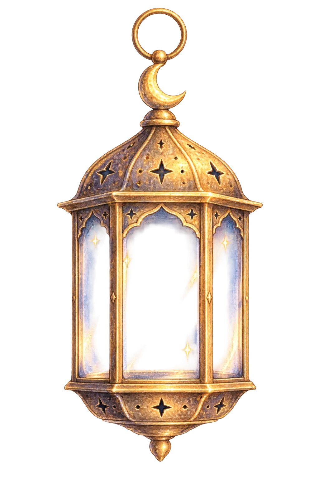 An antique gold lantern with a glowing star inside