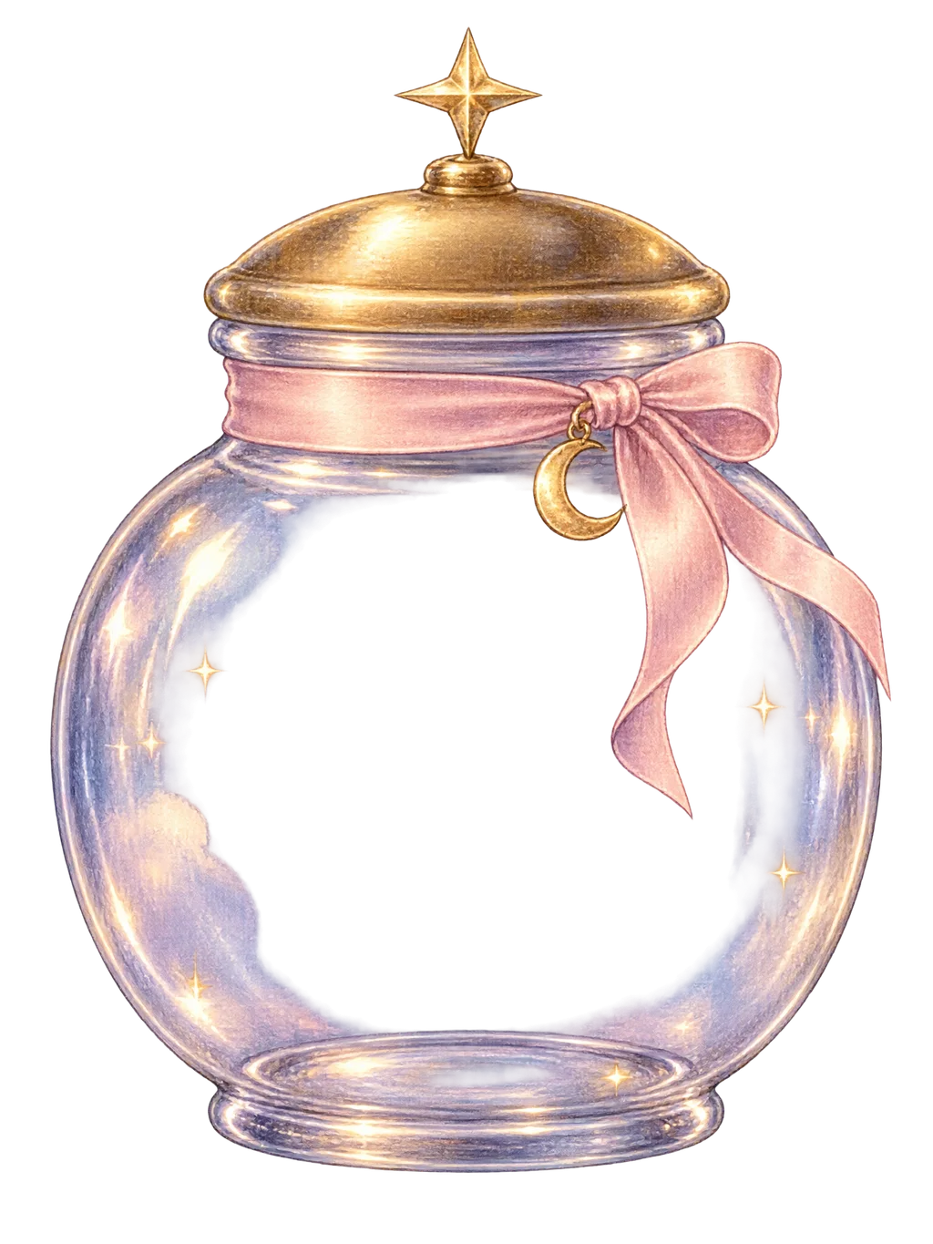 A glass jar of golden stardust with a pink ribbon